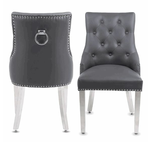 Pair of Valencia Grey PU Leather Dining Chair Ring Knocker - Exclusive Interior