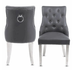 Pair of Valencia Grey PU Leather Dining Chair Ring Knocker - Exclusive Interior