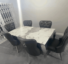 Louis Pandora Marble Table And Mayfair Leather Dark Grey Dining Chairs