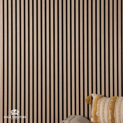 Wallpaper with vertical black and beige stripes, featuring a 'Solid Furniture' logo.