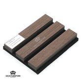 Real wood slatted wall panel close up texture dark oak grain