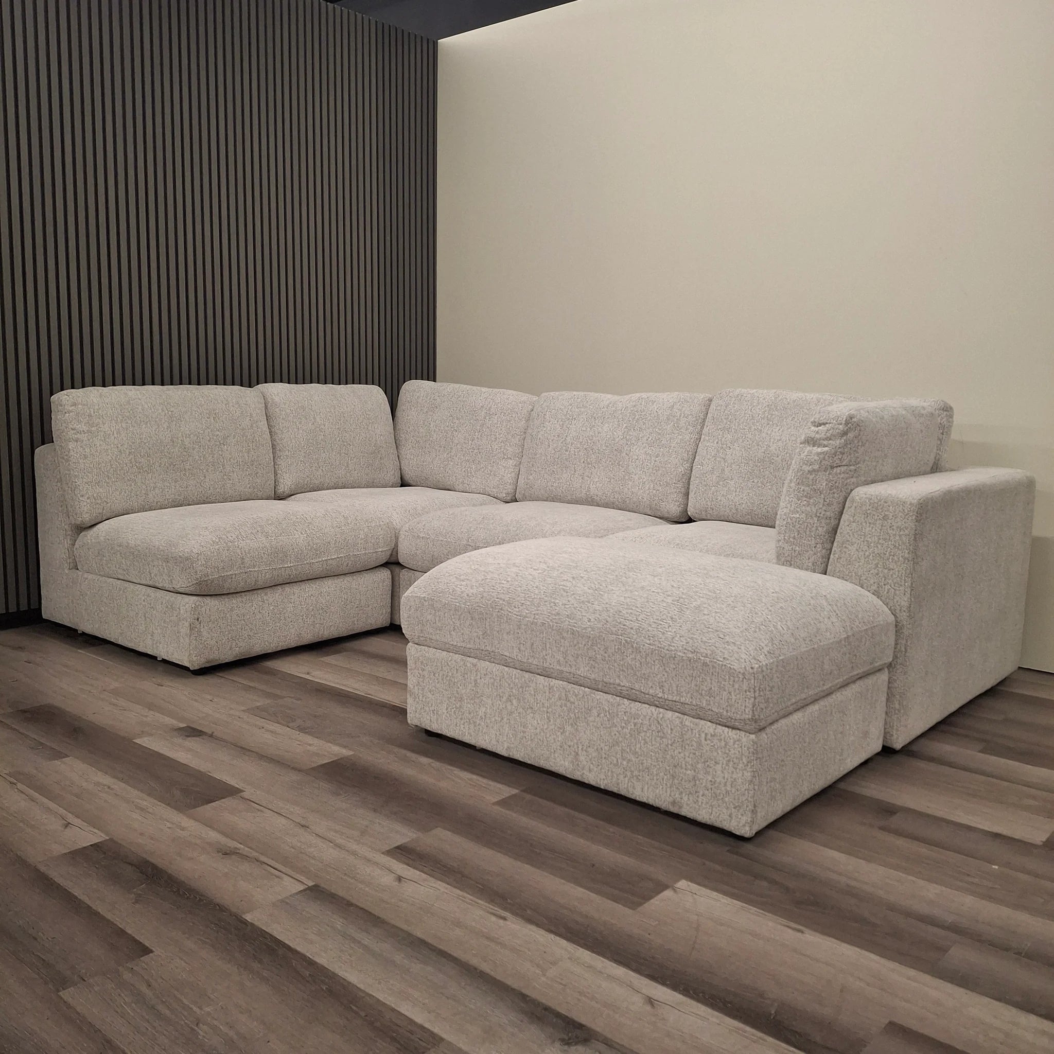 Madison U Shape Sofa in light grey – front view showing modular 5-piece sectional with soft chenille fabric solid furniture UK