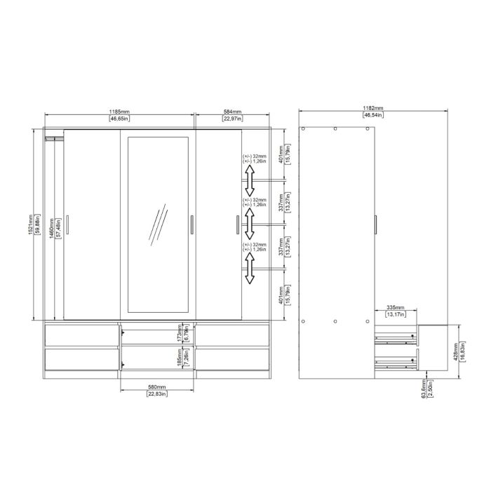 Dimensions of Line Oak 3 Sliding Doors Wardrobe