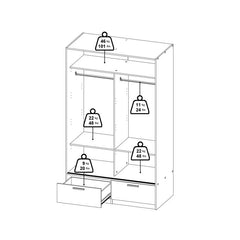 Wardrobe interior showing hanging rail and two shelves for clothes and accessories. solid furniture UK