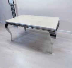 Louis Cream Marble Table And Valentino HQ Brushed Silver Dining Chairs