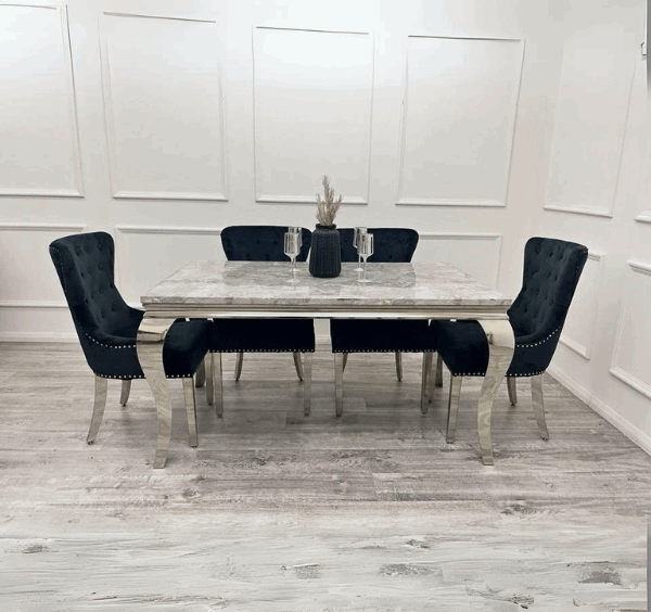 Louis Light Grey Marble Dining Table With Duke Black Chairs