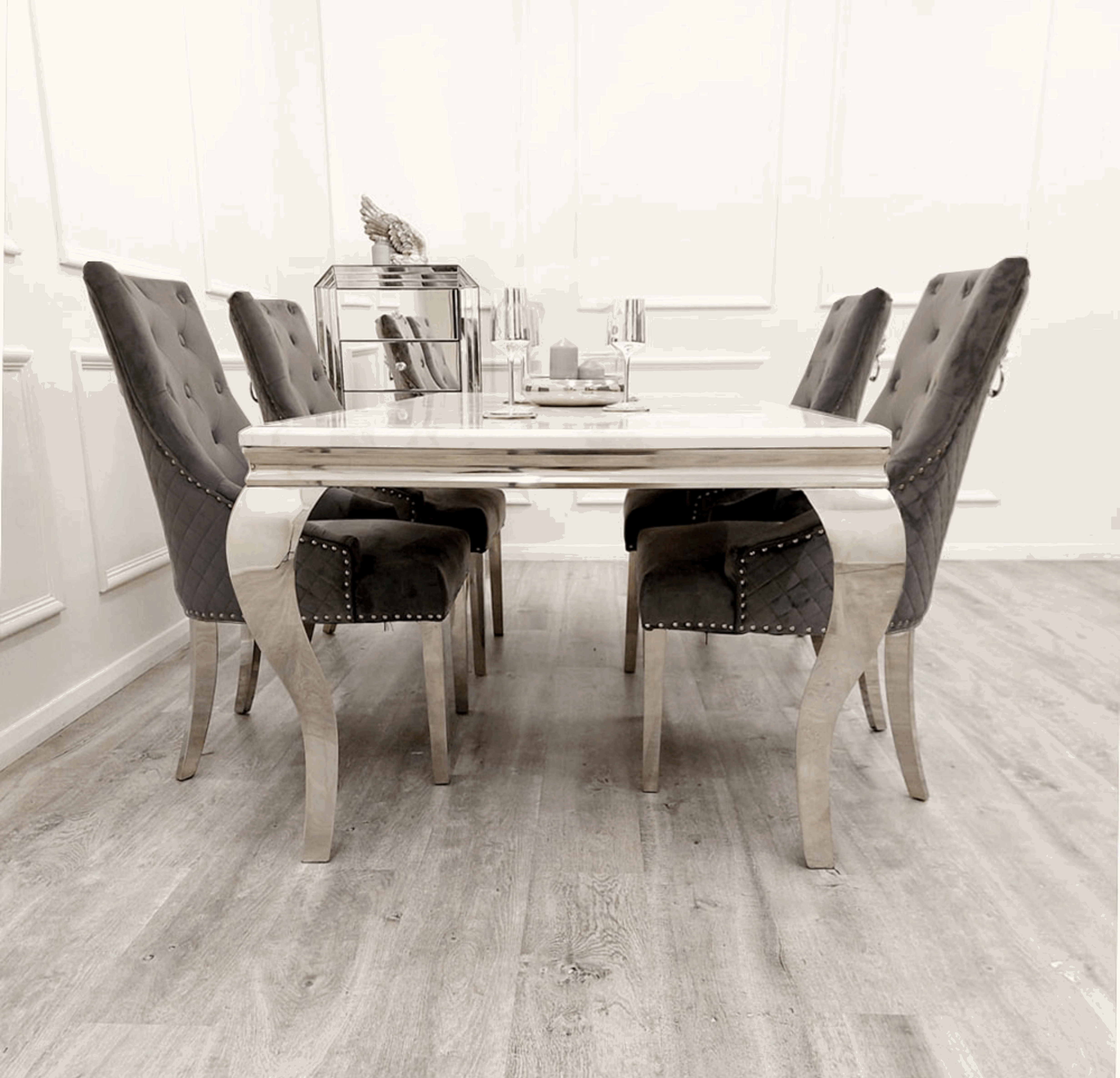 Louis Silver Grey Marble Table with Grey Majestic Chairs