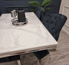 Louis White Marble Table And Megan Black Velvet Dining Chairs