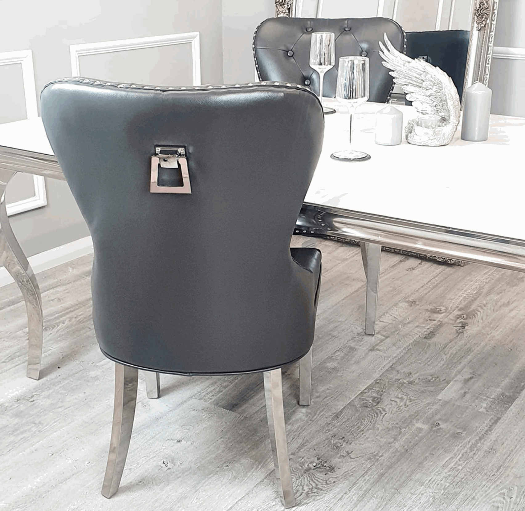 Pair of Mayfair Dark Grey PU Leather Dining Chair With Square Knocker Solid Furniture UK