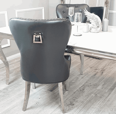 Pair of Mayfair Dark Grey PU Leather Dining Chair With Square Knocker Solid Furniture UK