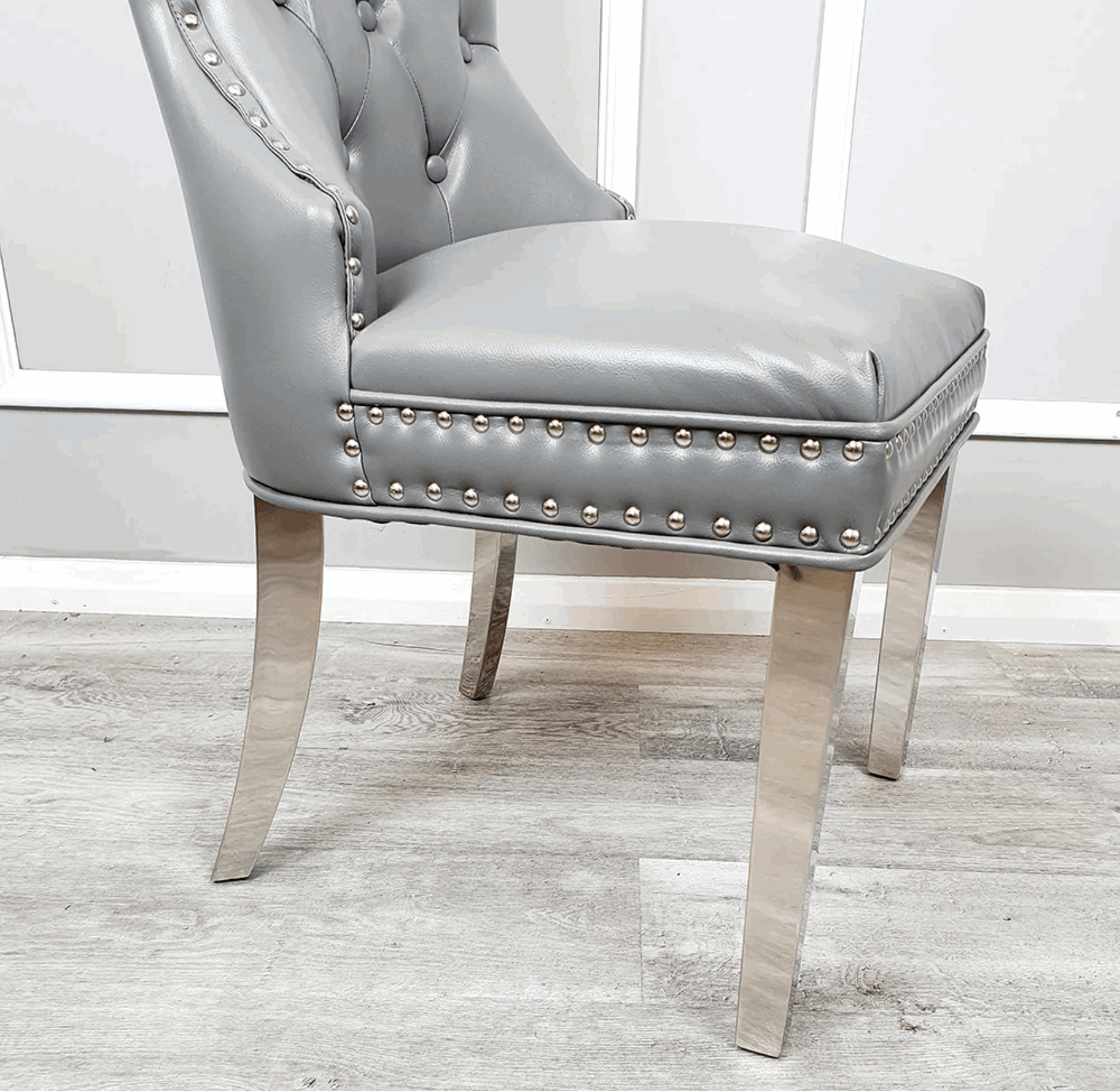 Pair of Mayfair Light Grey PU Leather Dining Chair With Square Knocker Solid Furniture UK