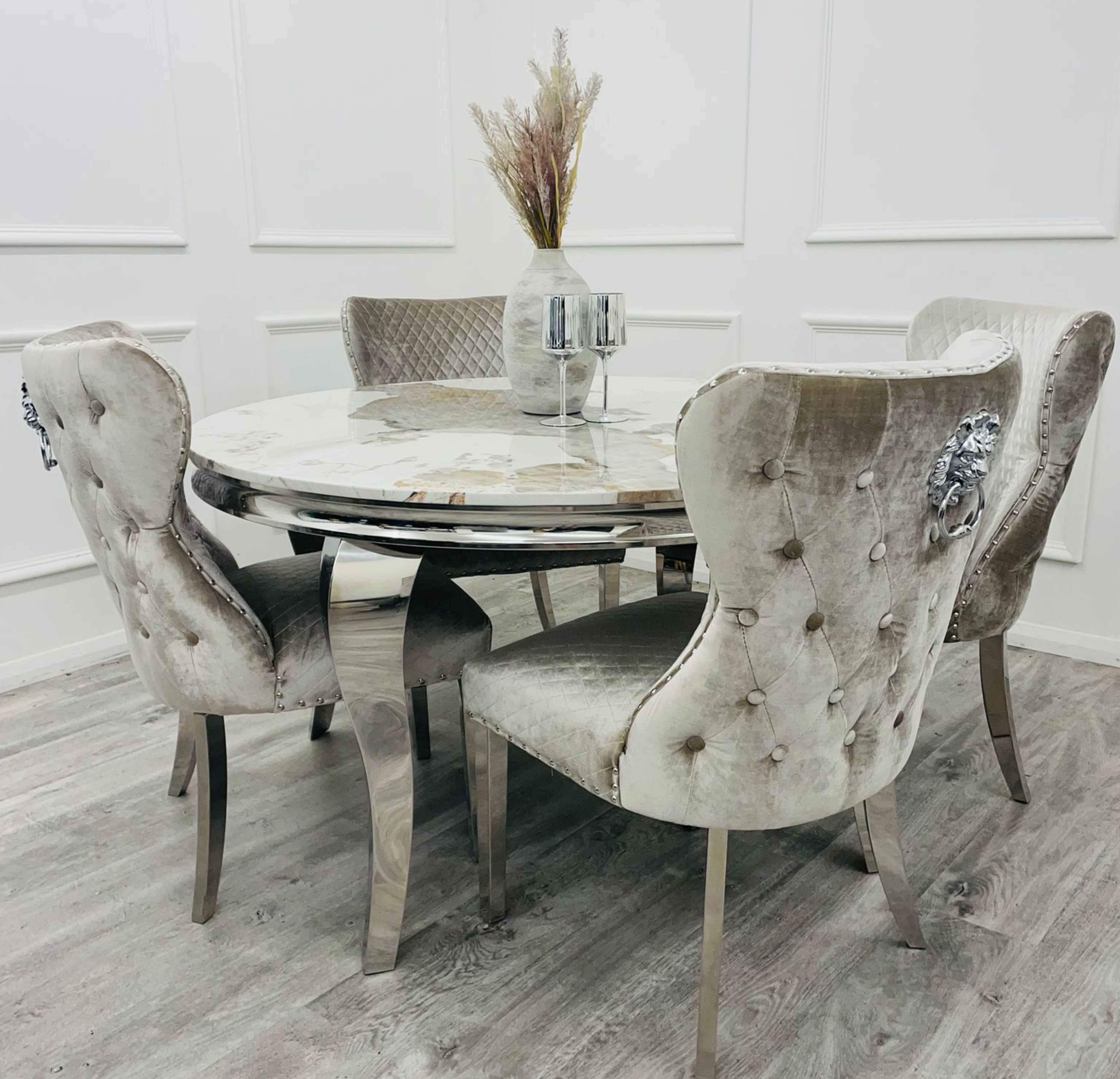 Pandora Gold Round Louis with 4 x Beige Shimmer Valentino Chairs SOLID FURNITURE LTD