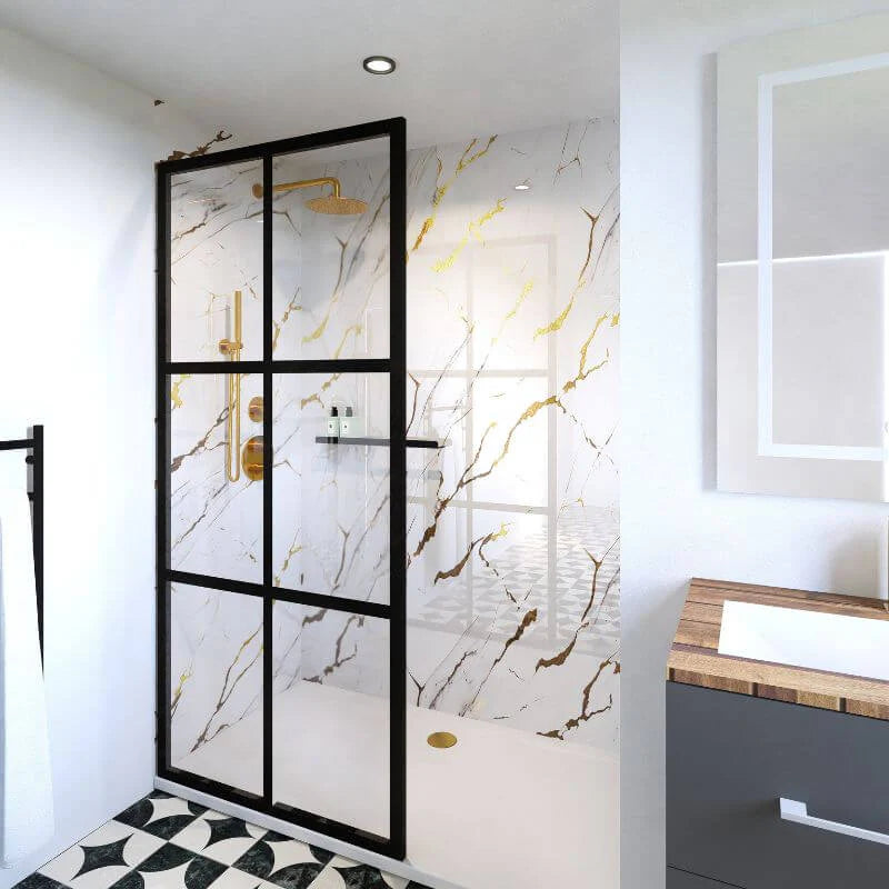 large white and gold shower panel, high gloss bathroom wall panel, seamless bathroom renovation panel solid furniture UK