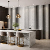 Acoustic Slatted Wall Panel Marble Grey installed in modern kitchen interior showing stylish feature wall and sound absorbing wood slat design solid furniture UK