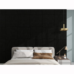Black 3D square acoustic wall panels 60x60 cm installed in a modern UK living space by Solid Furniture UK enhancing acoustics and visual depth