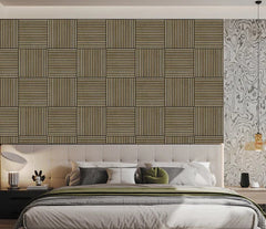 Dark oak 3D square acoustic wall panels 60x60 cm installed in a modern UK living space by Solid Furniture UK for visual depth and improved sound balance