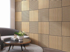 3D decorative full wall installation with 60×60 cm light oak acoustic panels, showing uniform coverage and modern design.