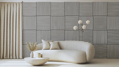 Light grey 3D square acoustic wall panels 60x60 cm installed in a UK drawing room by Solid Furniture UK, creating a modern, calming interior with improved sound balance