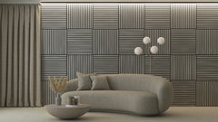 Light grey 3D square acoustic wall panels 60x60 cm installed in a UK drawing room with LED lighting by Solid Furniture UK, highlighting geometric texture and enhancing ambiance