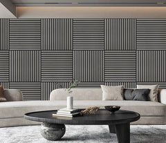 Light grey 3D square acoustic wall panels 60x60 cm installed in a modern UK interior by Solid Furniture UK showing multiple panels in a feature wall layout