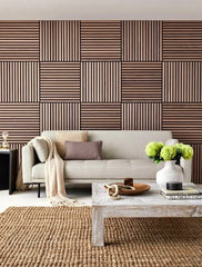 3D decorative light oak acoustic wall panels behind a TV in a lounge area, reducing echo and adding contemporary style.