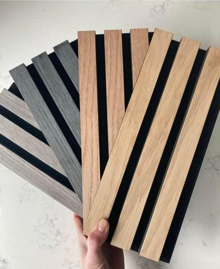 Acoustic wall panels 60x240cm by Solid Furniture UK displayed in multiple wood finishes including dark oak and natural tones