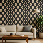 Modern interior featuring Acoustic Waved Oak 60x240 wall panels from Solid Furniture UK installed on a feature wall, enhancing acoustics and adding a warm natural wood finish to the room.