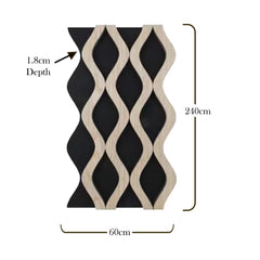 Acoustic waved wall panel dark oak 60x240cm UK size by Solid Furniture UK showing panel dimensions and 1.8 cm depth.