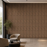 Modern living room featuring acoustic self-adhesive wedge wall panels in premium oak finish, installed on a feature wall to enhance sound absorption and interior style.