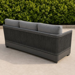Back view of Ares Onyx 3 seater outdoor garden sofa with powder-coated aluminium frame and modern onyx finish in luxury patio setting solid furniture UK