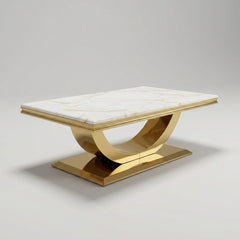 Arial coffee table side view with white marble top and gold frame - Solid Furniture UK