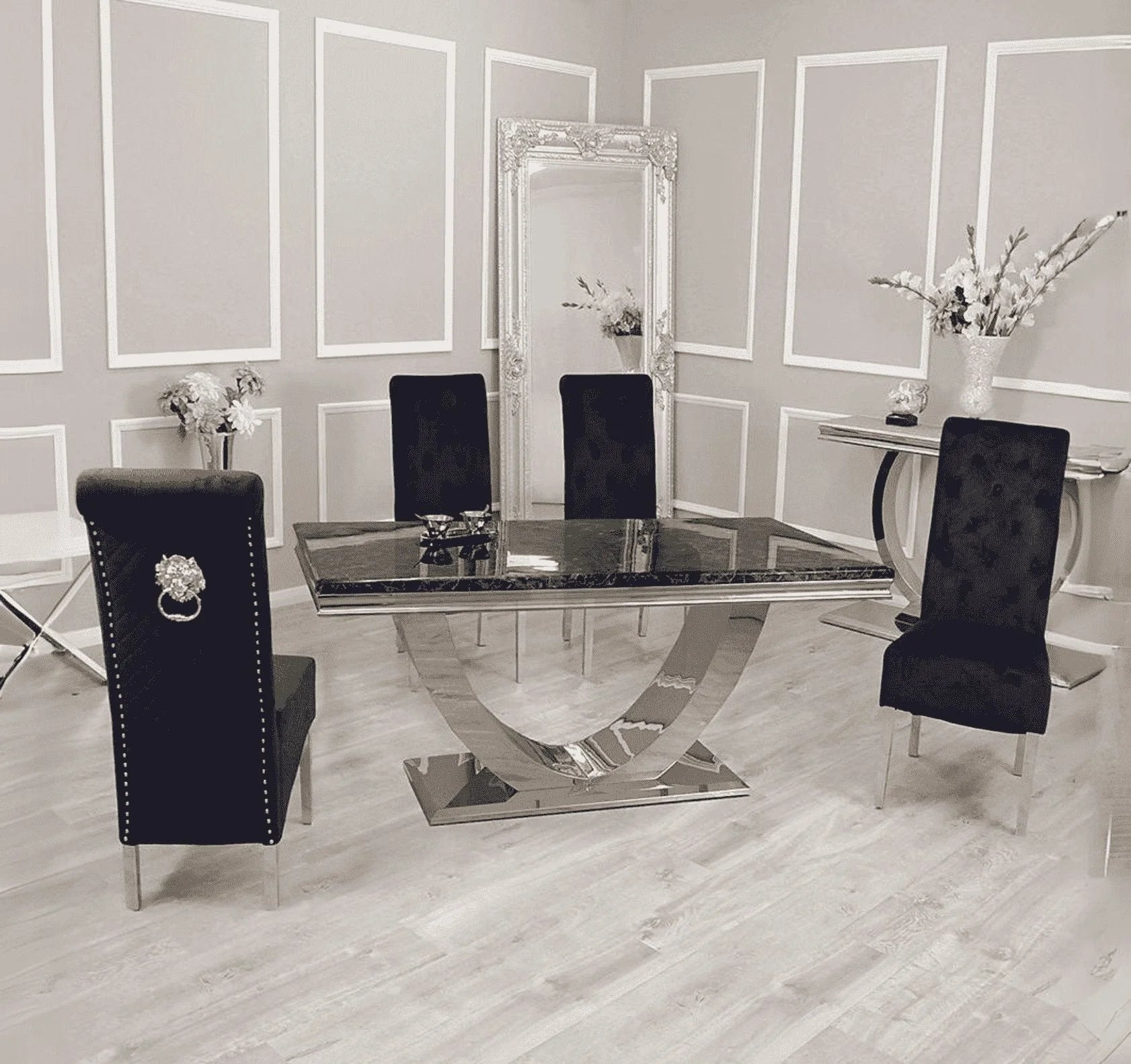 Arial marble dining table with Sofia velvet chairs set in modern UK dining room, luxury dining furniture with chrome legs and marble top solid furniture uk