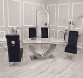 Arial white marble dining table with Sofia black velvet chairs set by Solid Furniture UK in a modern dining room
