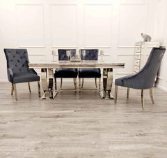 Ariana dining table with Majestic dark grey chairs light grey top main front view UK Solid Furniture UK