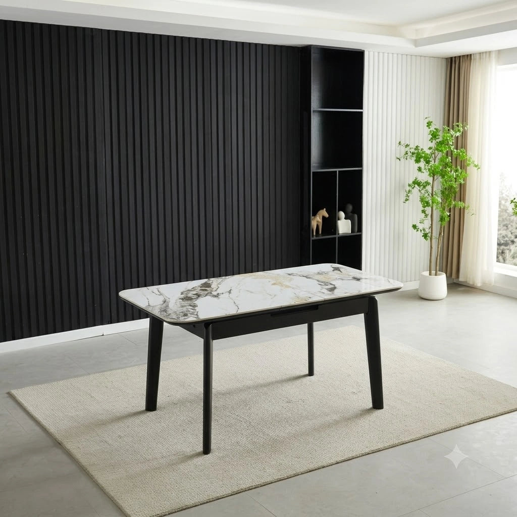 Arizona Extending Dining Table in cream and gold ceramic finish with a modern extendable design, available at Solid Furniture UK.