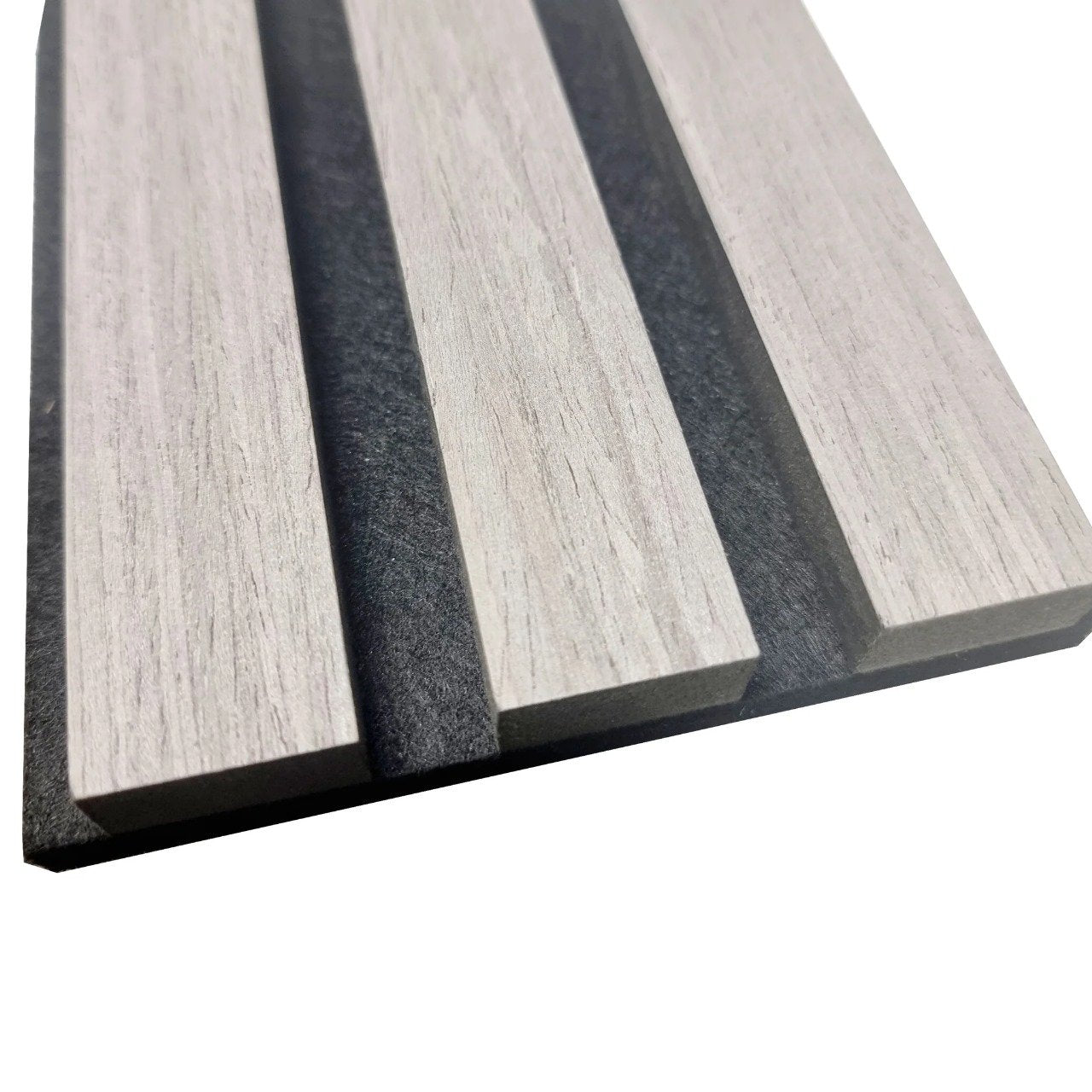 Close-up view of Ash Grey 60x240cm acoustic wall panel by Solid Furniture UK showing modern wood grain texture and slat detail