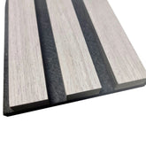 Close-up view of Ash Grey 60x240cm acoustic wall panel by Solid Furniture UK showing modern wood grain texture and slat detail