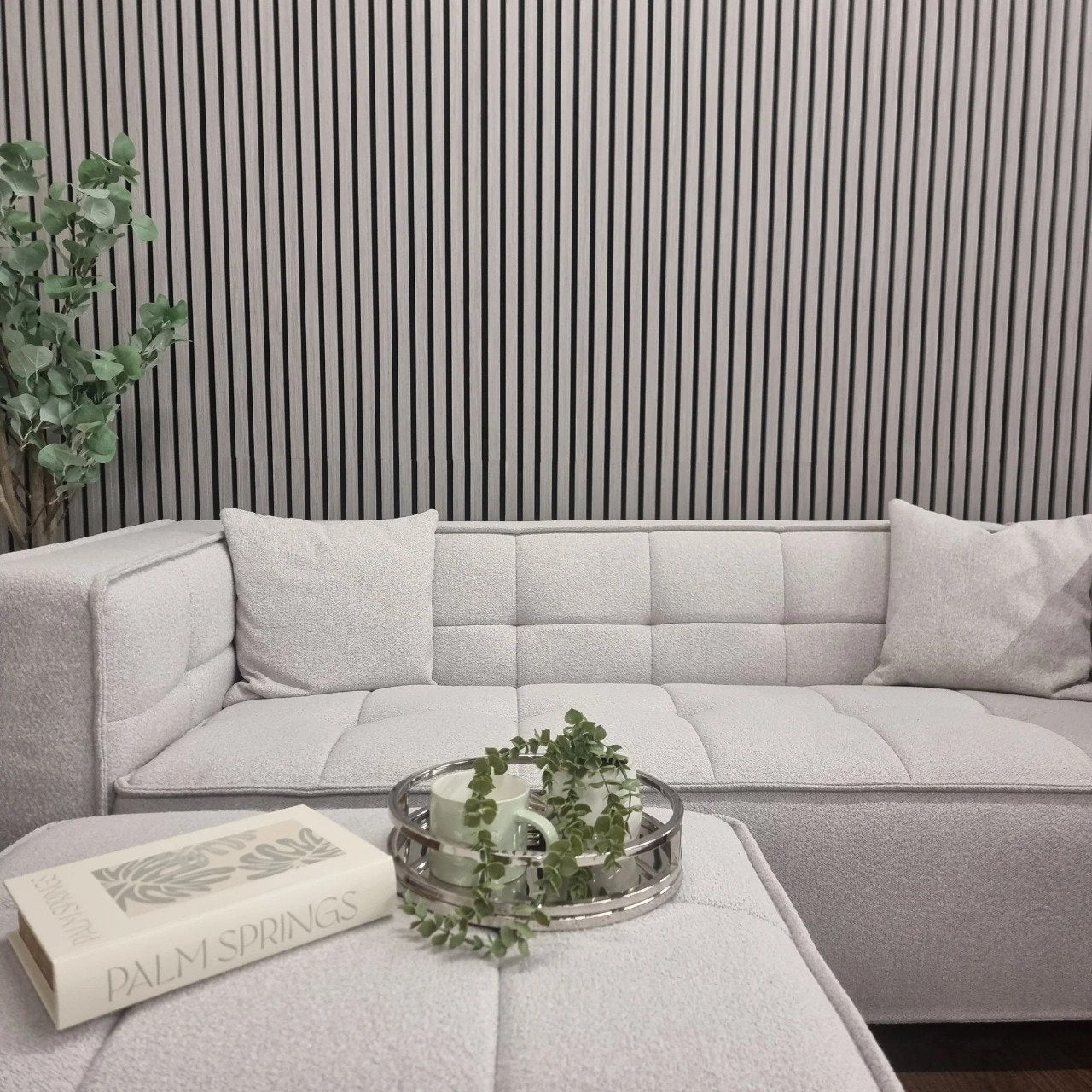 Full room view featuring Ash Grey 60x240cm acoustic wall panels by Solid Furniture UK installed in a modern stylish interior space