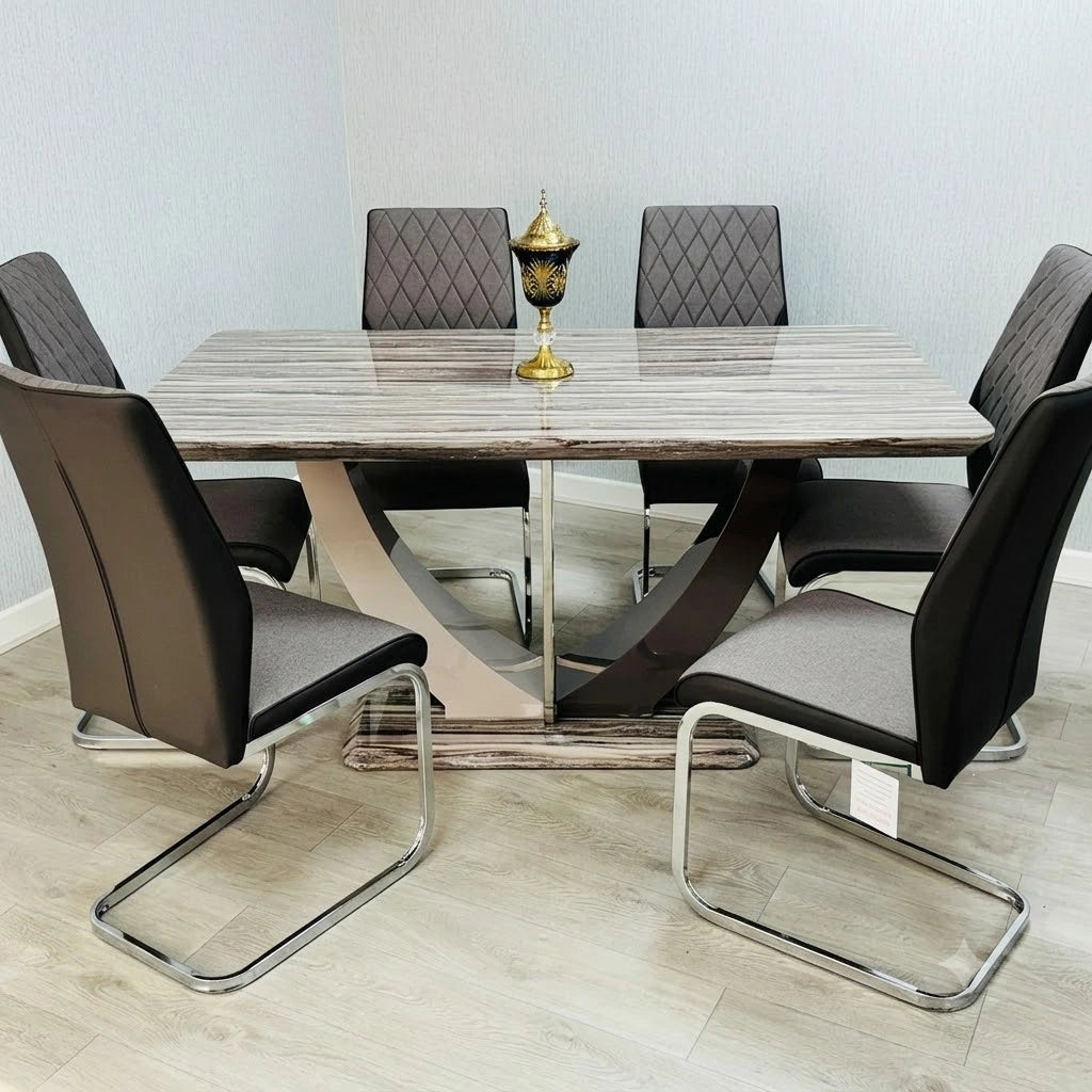 Atlantis Dining Set featuring a modern brown marble-effect dining table with a stylish U-shaped base and six grey upholstered Milan chairs for contemporary dining rooms. solid furniture UK