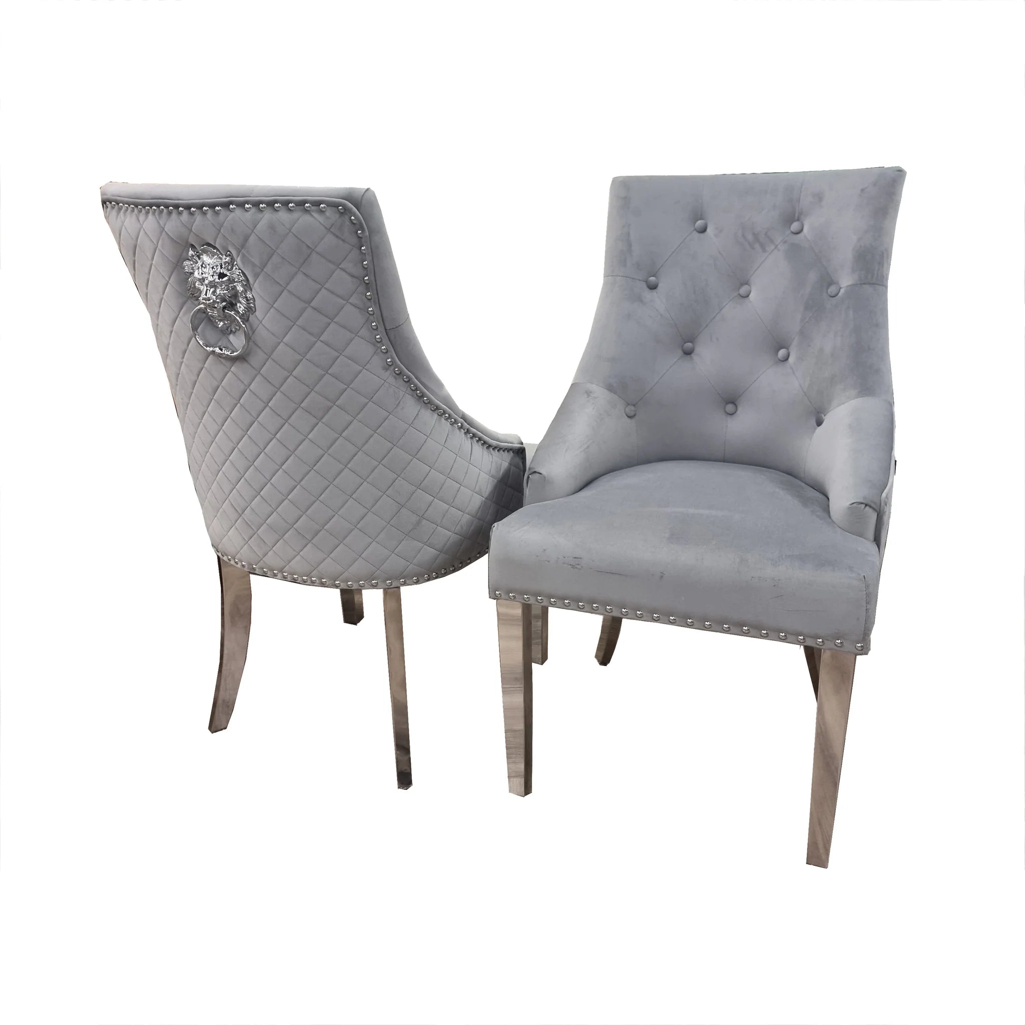 Bentley dark grey chrome velvet dining chair UK main front view showing luxury quilted design and chrome legs from Solid Furniture UK