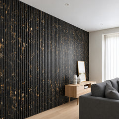 Black and gold marble effect WPC wall panels 15x240cm installed in living room – Solid Furniture UK