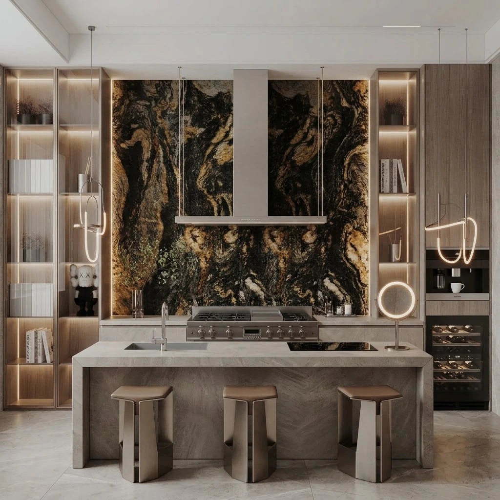 Black and Gold marble effect PVC wall panels installed in a modern kitchen by Solid Furniture UK