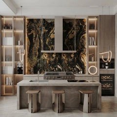Black and Gold marble effect PVC wall panels installed in a modern kitchen by Solid Furniture UK