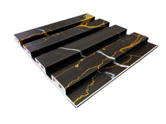 Black and gold marble effect slatted WPC wall panels installed on a modern interior feature wall Solid furniture uk