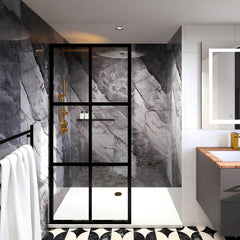 Black and grey gloss shower wall panel installed in a modern bathroom by Solid Furniture UK