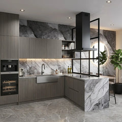 Black and grey gloss wall panel installed in a modern kitchen by Solid Furniture UK