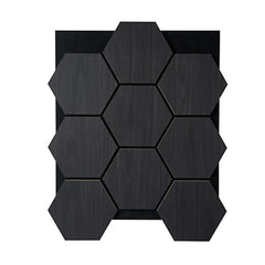 Black Oak Hexagon Acoustic Wall Panels installed in a modern living room. solid furniture UK