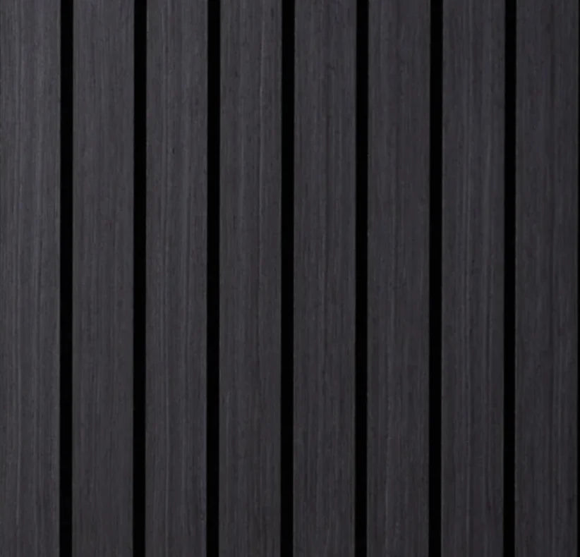 Black Oak wide slat acoustic wall panels installed in modern living room and commercial interiors solid furniture UK