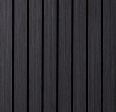 Black Oak wide slat acoustic wall panels installed in modern living room and commercial interiors solid furniture UK