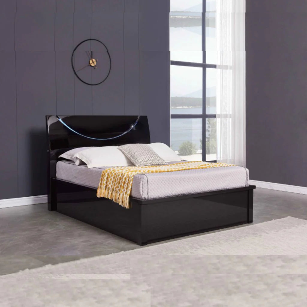 Black ottoman storage bed frame with modern headboard by Solid Furniture UK